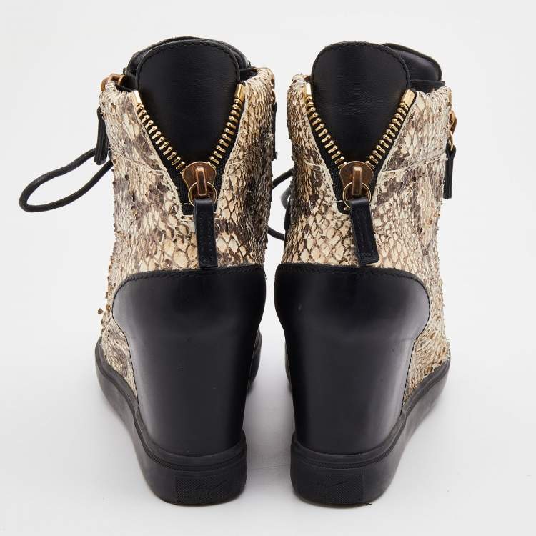 Pre Owned Giuseppe Zanotti Beige/Black Python Embossed Leather Coby High Top Sneakers Size 39