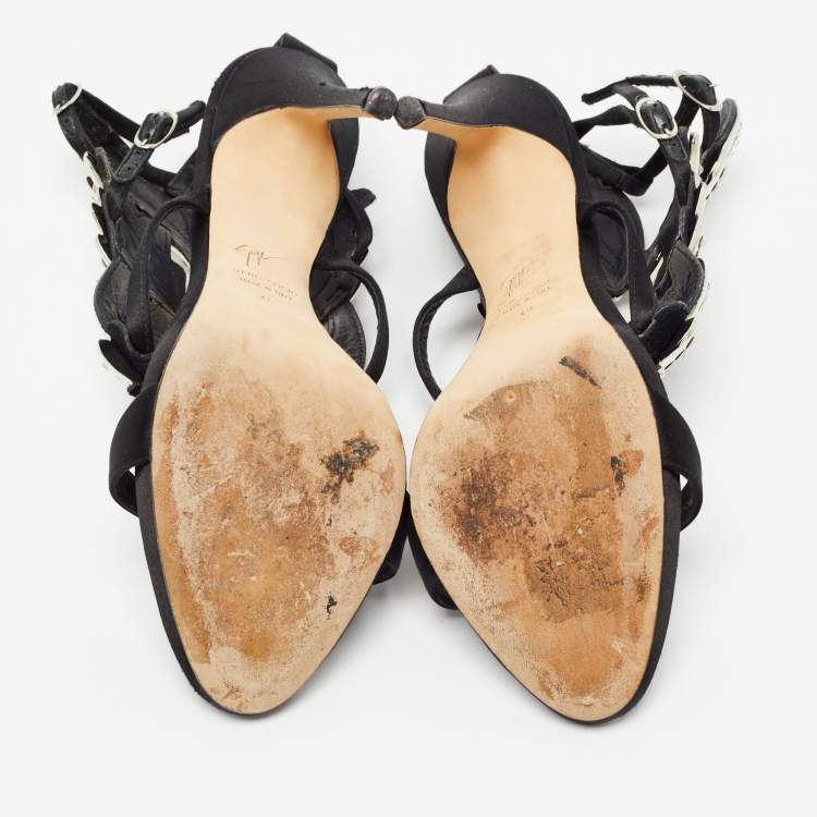 Pre Owned Giuseppe Zanotti Black Satin Wing Jeweled Sandals Size 40