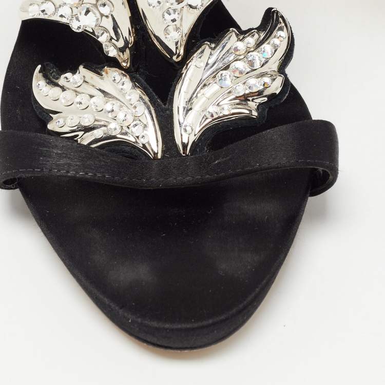 Pre Owned Giuseppe Zanotti Black Satin Wing Jeweled Sandals Size 40