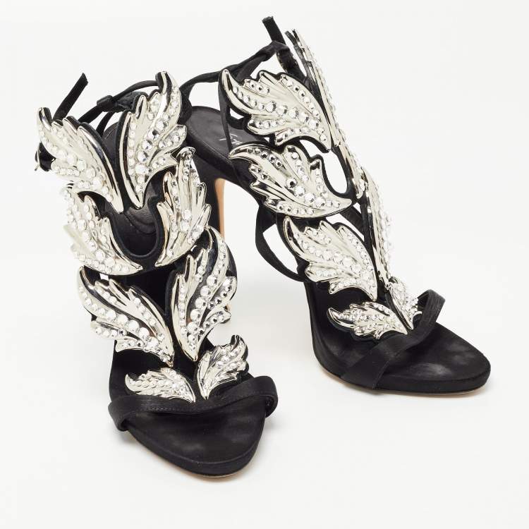 Pre Owned Giuseppe Zanotti Black Satin Wing Jeweled Sandals Size 40