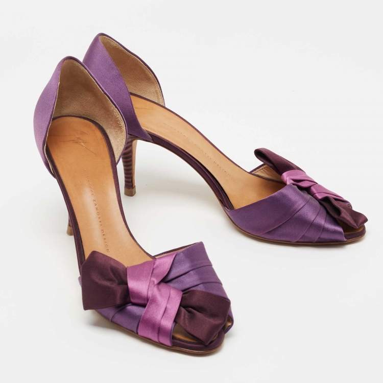 مملوكة مسبقًا Giuseppe Zanotti Purple Satin Bow Peep Toe D'orsay Pumps Size 40