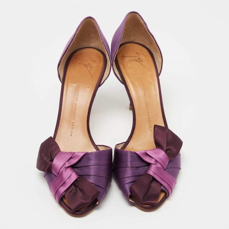 مملوكة مسبقًا Giuseppe Zanotti Purple Satin Bow Peep Toe D'orsay Pumps Size 40