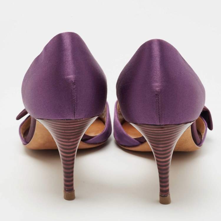 مملوكة مسبقًا Giuseppe Zanotti Purple Satin Bow Peep Toe D'orsay Pumps Size 40