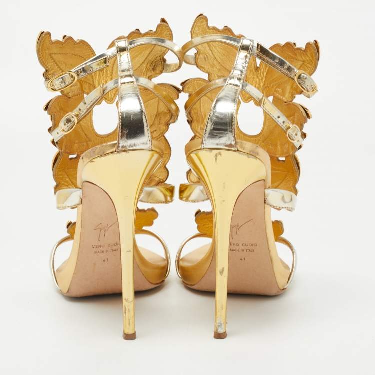 Pre Owned Giuseppe Zanotti Gold Leather Argent Metal Wing Strappy Sandals Size 41