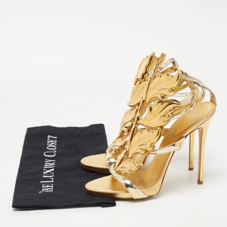 Pre Owned Giuseppe Zanotti Gold Leather Argent Metal Wing Strappy Sandals Size 41