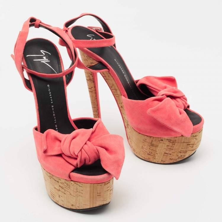Pre Owned Giuseppe Zanotti Pink Suede Bow Cork Platform Ankle Strap Sandals Size 38