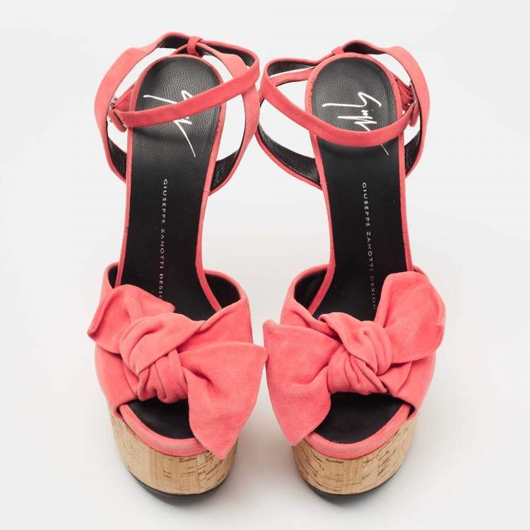Pre Owned Giuseppe Zanotti Pink Suede Bow Cork Platform Ankle Strap Sandals Size 38