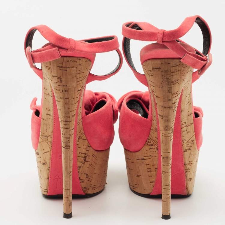 Pre Owned Giuseppe Zanotti Pink Suede Bow Cork Platform Ankle Strap Sandals Size 38