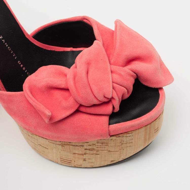 Pre Owned Giuseppe Zanotti Pink Suede Bow Cork Platform Ankle Strap Sandals Size 38