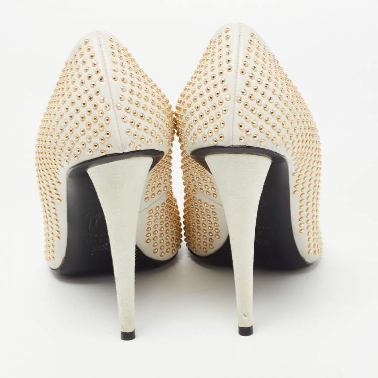 Pre Owned Giuseppe Zanotti White Leather and Suede Studded Pumps Size 39.5