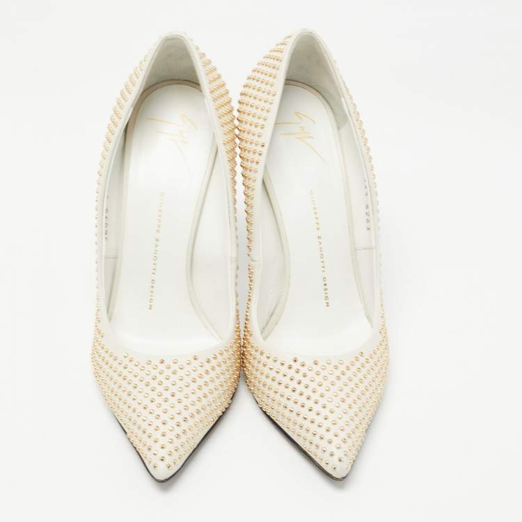 Pre Owned Giuseppe Zanotti White Leather and Suede Studded Pumps Size 39.5