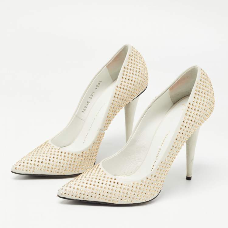 Pre Owned Giuseppe Zanotti White Leather and Suede Studded Pumps Size 39.5