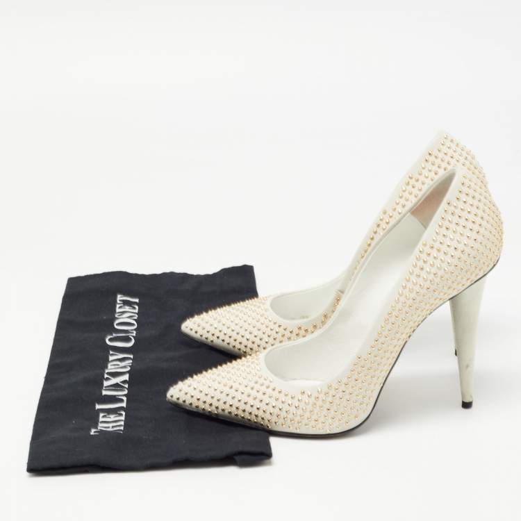 Pre Owned Giuseppe Zanotti White Leather and Suede Studded Pumps Size 39.5