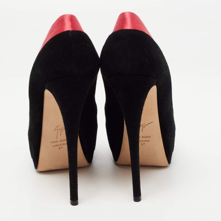Pre Owned Giuseppe Zanotti Black/Pink Suede and Satin Peep Toe Platform Pumps Size 37