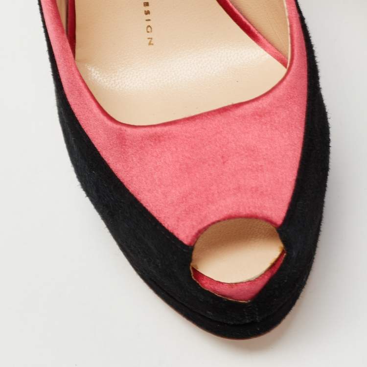 Pre Owned Giuseppe Zanotti Black/Pink Suede and Satin Peep Toe Platform Pumps Size 37