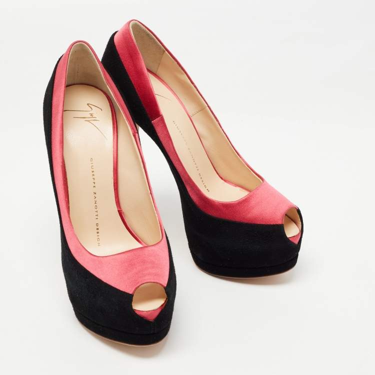 Pre Owned Giuseppe Zanotti Black/Pink Suede and Satin Peep Toe Platform Pumps Size 37