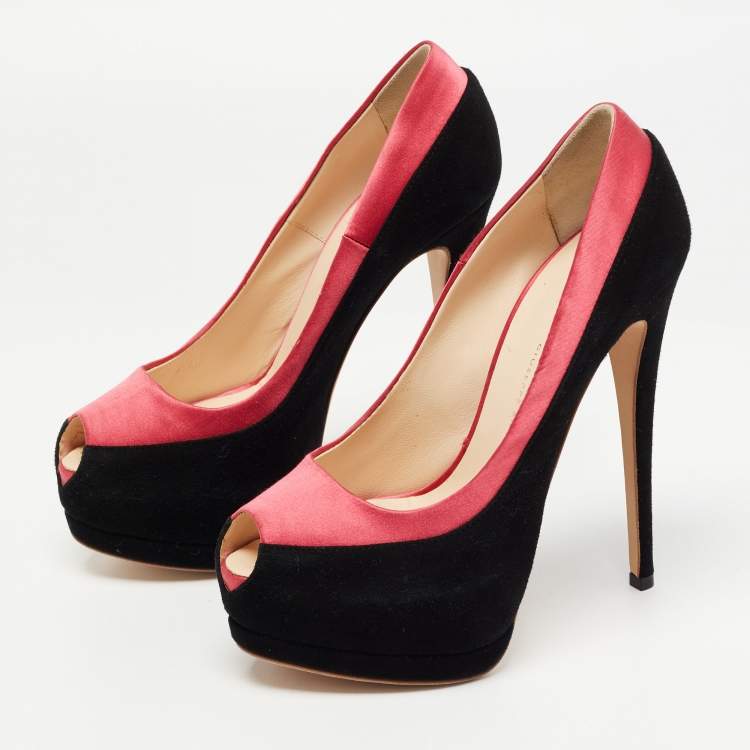 Pre Owned Giuseppe Zanotti Black/Pink Suede and Satin Peep Toe Platform Pumps Size 37