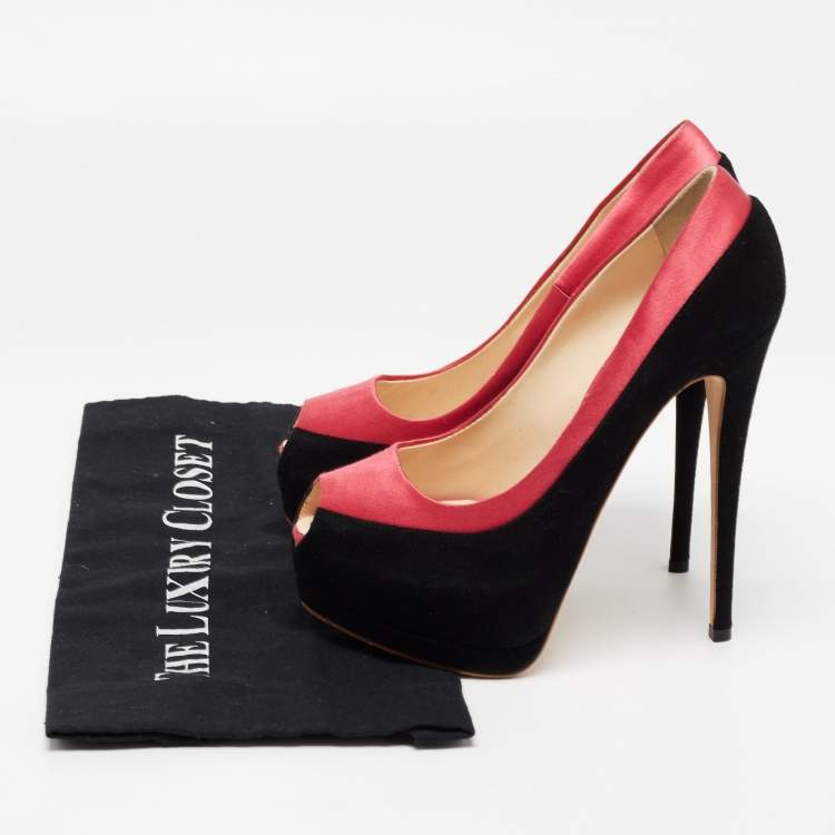 Pre Owned Giuseppe Zanotti Black/Pink Suede and Satin Peep Toe Platform Pumps Size 37