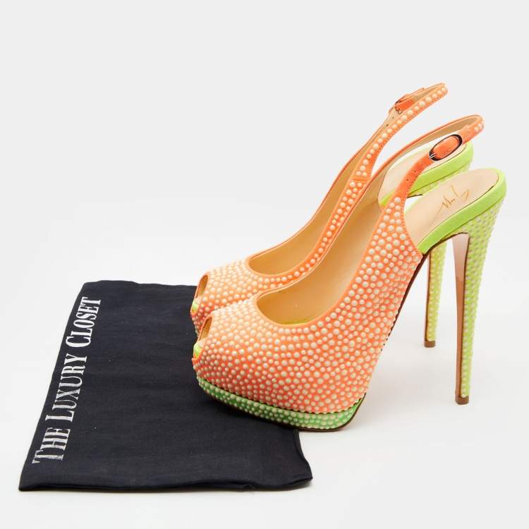 Pre Owned Giuseppe Zanotti Orange Suede Crystal Embellished Peep Toe Platform Slingback Pumps Size 39