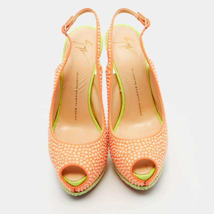 Pre Owned Giuseppe Zanotti Orange Suede Crystal Embellished Peep Toe Platform Slingback Pumps Size 39