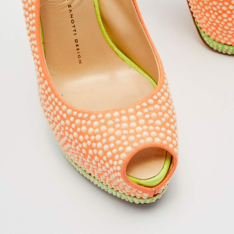Pre Owned Giuseppe Zanotti Orange Suede Crystal Embellished Peep Toe Platform Slingback Pumps Size 39
