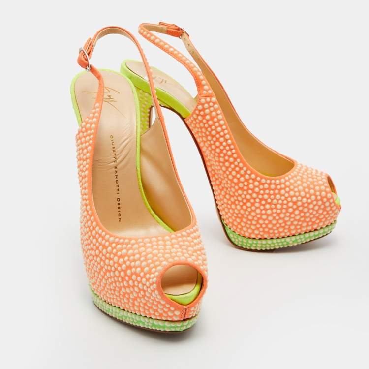 Pre Owned Giuseppe Zanotti Orange Suede Crystal Embellished Peep Toe Platform Slingback Pumps Size 39