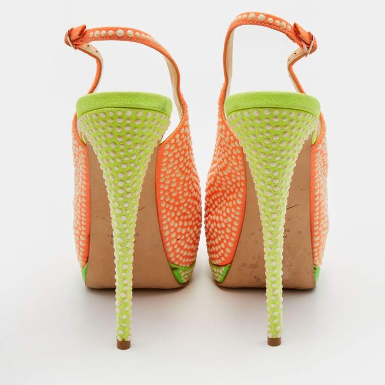 Pre Owned Giuseppe Zanotti Orange Suede Crystal Embellished Peep Toe Platform Slingback Pumps Size 39