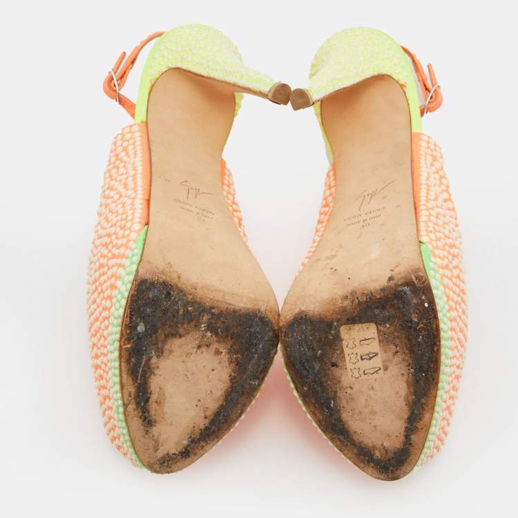 Pre Owned Giuseppe Zanotti Orange Suede Crystal Embellished Peep Toe Platform Slingback Pumps Size 39