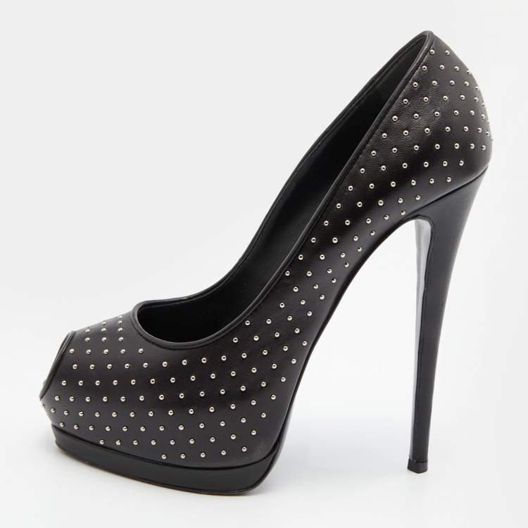 Pre Owned Giuseppe Zanotti Black Leather Studded Peep Toe Platform Pumps Size 39