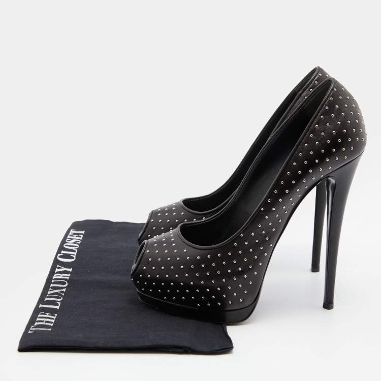 Pre Owned Giuseppe Zanotti Black Leather Studded Peep Toe Platform Pumps Size 39