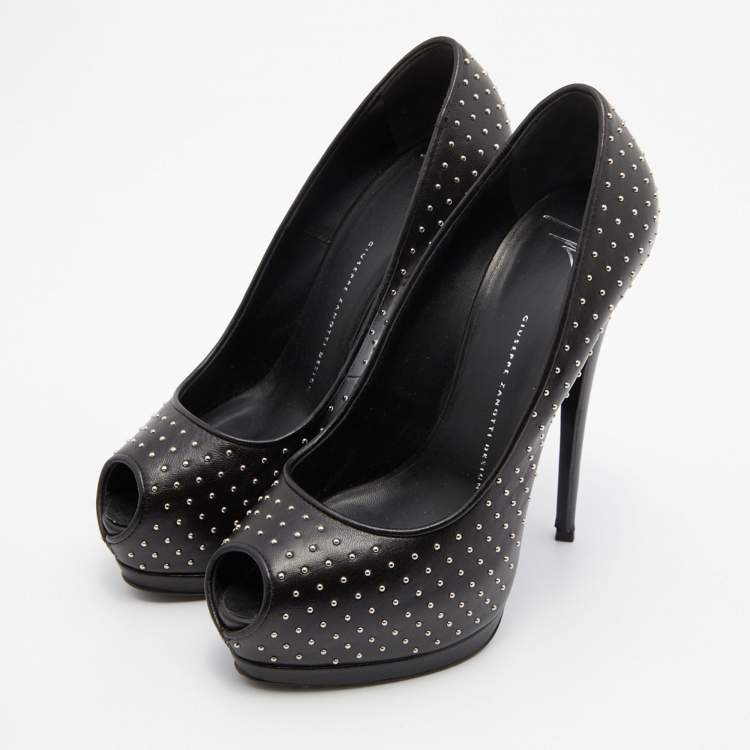 Pre Owned Giuseppe Zanotti Black Leather Studded Peep Toe Platform Pumps Size 39