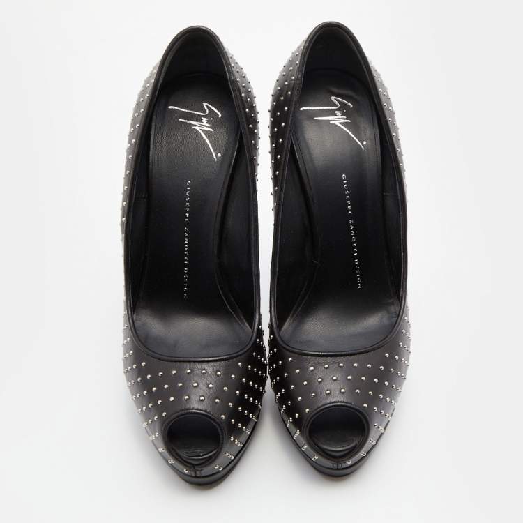 Pre Owned Giuseppe Zanotti Black Leather Studded Peep Toe Platform Pumps Size 39