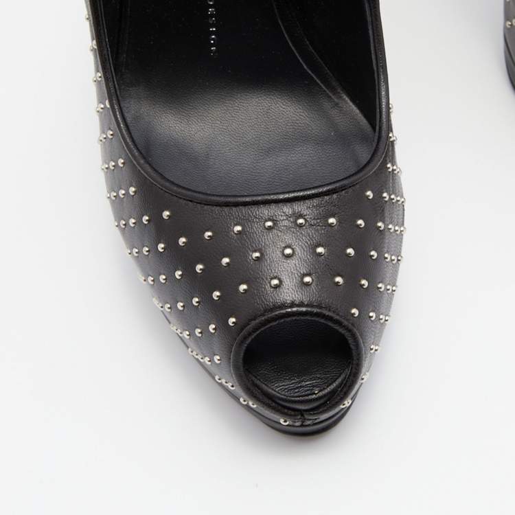 Pre Owned Giuseppe Zanotti Black Leather Studded Peep Toe Platform Pumps Size 39