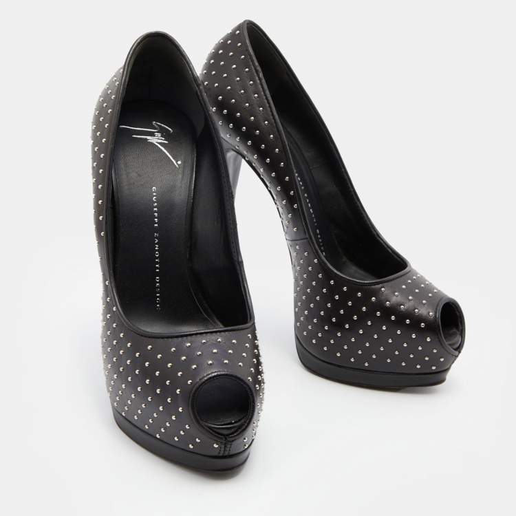 Pre Owned Giuseppe Zanotti Black Leather Studded Peep Toe Platform Pumps Size 39
