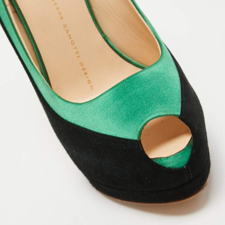 Pre Owned Giuseppe Zanotti Black/Green Suede and Satin Peep Toe Platform Pumps Size 37