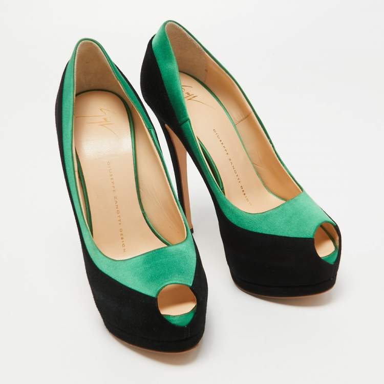 Pre Owned Giuseppe Zanotti Black/Green Suede and Satin Peep Toe Platform Pumps Size 37