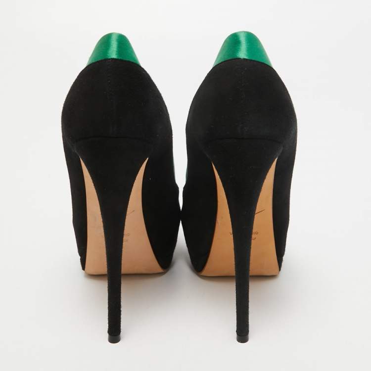 Pre Owned Giuseppe Zanotti Black/Green Suede and Satin Peep Toe Platform Pumps Size 37