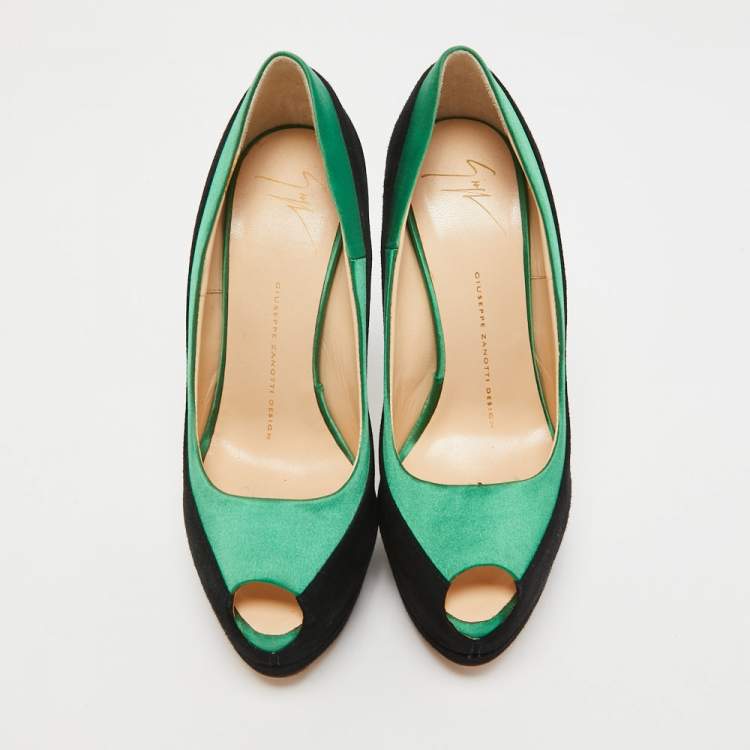 Pre Owned Giuseppe Zanotti Black/Green Suede and Satin Peep Toe Platform Pumps Size 37