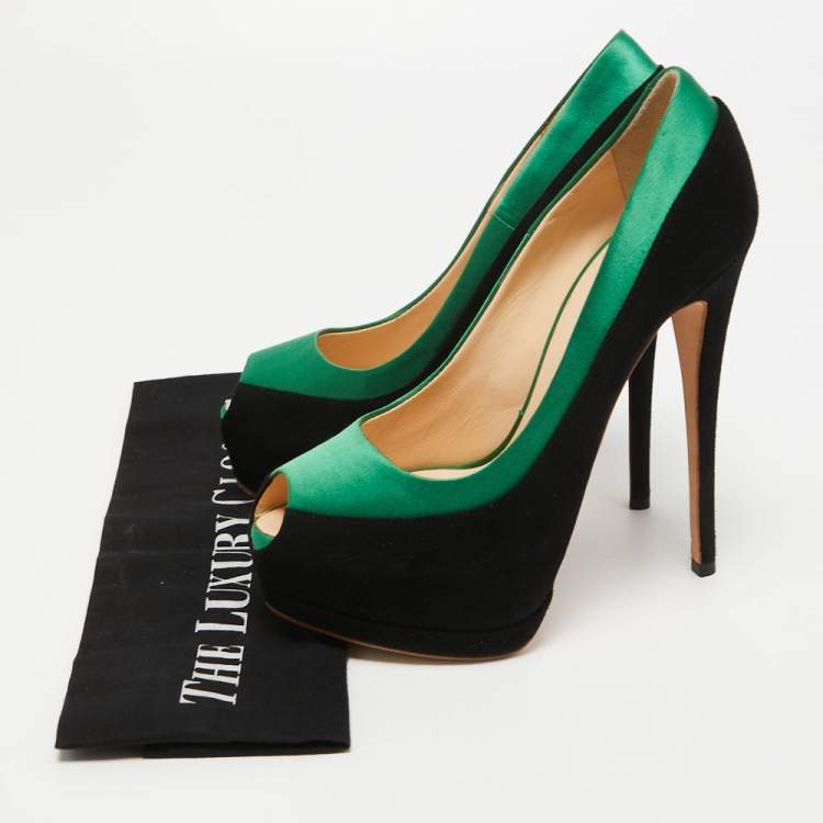 Pre Owned Giuseppe Zanotti Black/Green Suede and Satin Peep Toe Platform Pumps Size 37