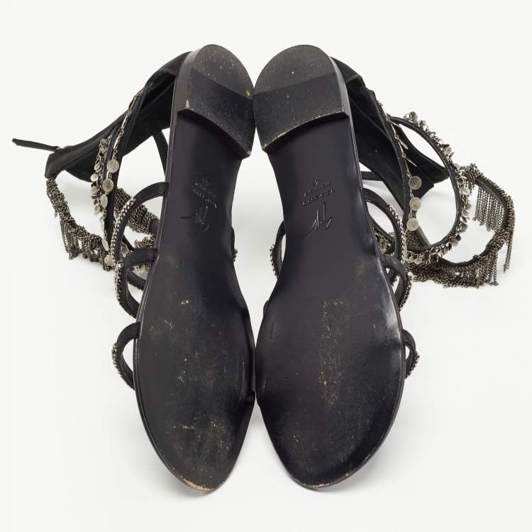 Pre Owned Giuseppe Zanotti Black Satin Chain Embellished Flat Sandals Size 41
