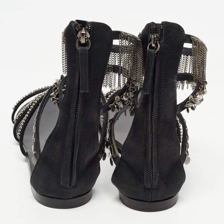 Pre Owned Giuseppe Zanotti Black Satin Chain Embellished Flat Sandals Size 41