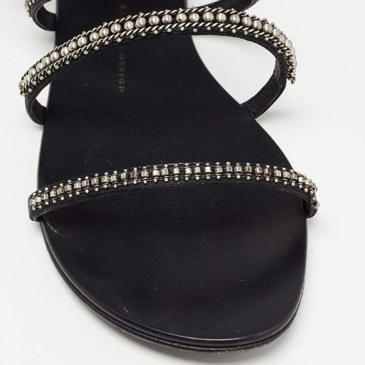 Pre Owned Giuseppe Zanotti Black Satin Chain Embellished Flat Sandals Size 41