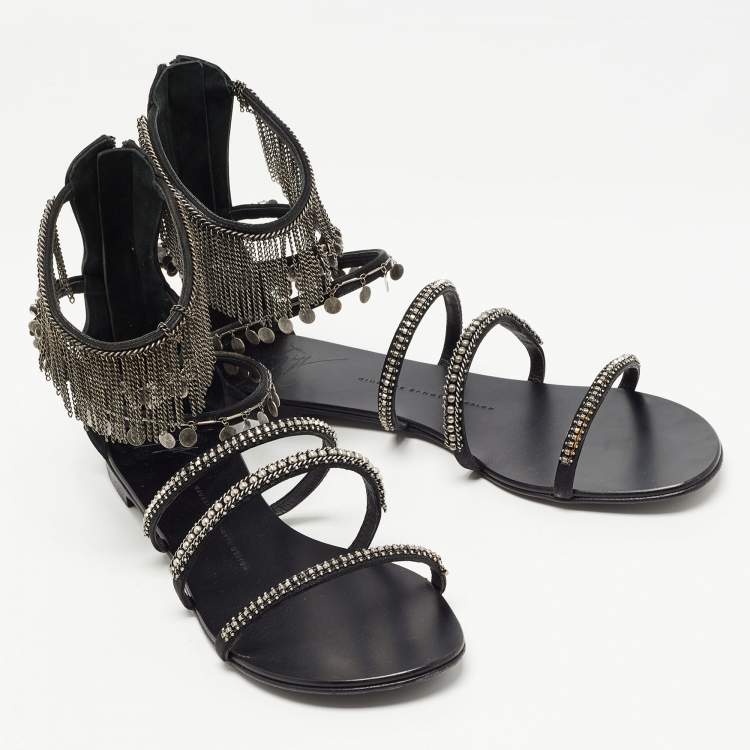 Pre Owned Giuseppe Zanotti Black Satin Chain Embellished Flat Sandals Size 41