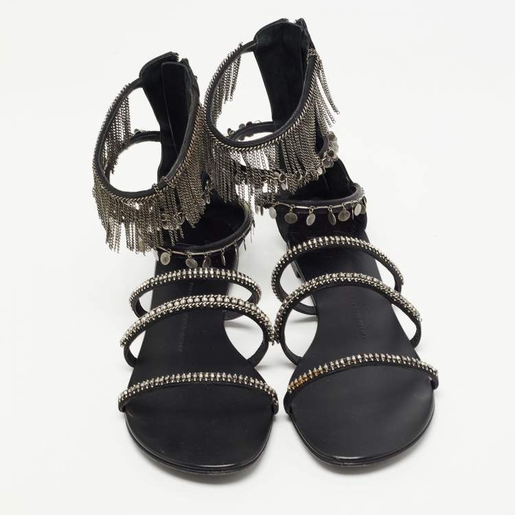 Pre Owned Giuseppe Zanotti Black Satin Chain Embellished Flat Sandals Size 41