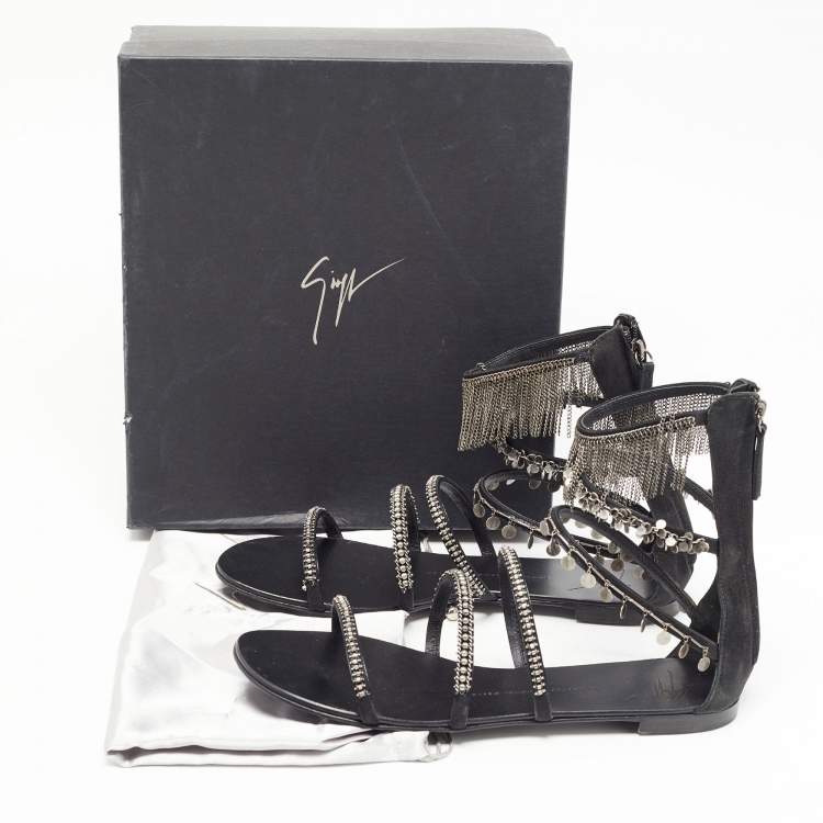 Pre Owned Giuseppe Zanotti Black Satin Chain Embellished Flat Sandals Size 41