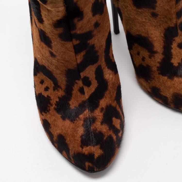 Pre Owned Giuseppe Zanotti Brown Leopard Print Calf Hair Ankle Boots Size 40.5