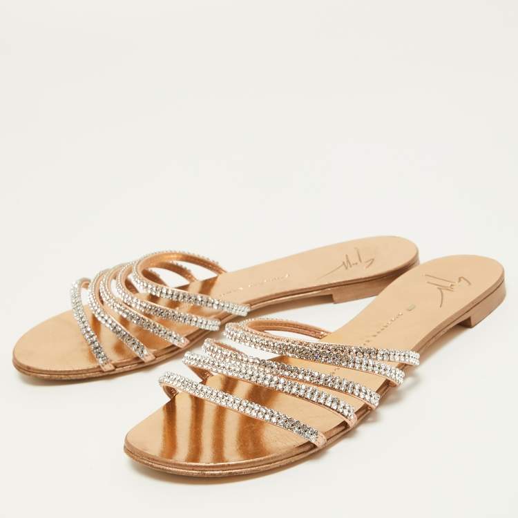Pre Owned Giuseppe Zanotti Metallic Crystal Embellished Leather Flat Slides Size 36.5
