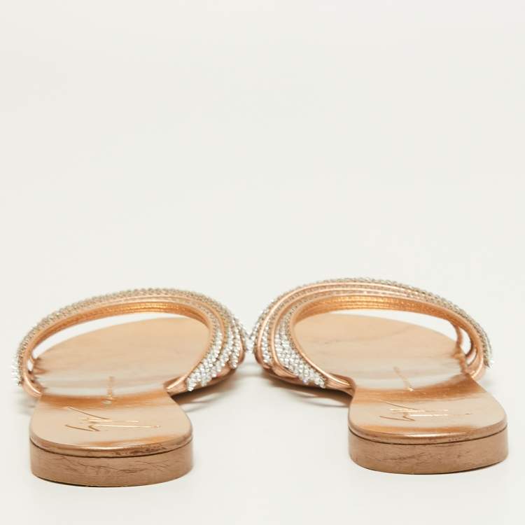 Pre Owned Giuseppe Zanotti Metallic Crystal Embellished Leather Flat Slides Size 36.5