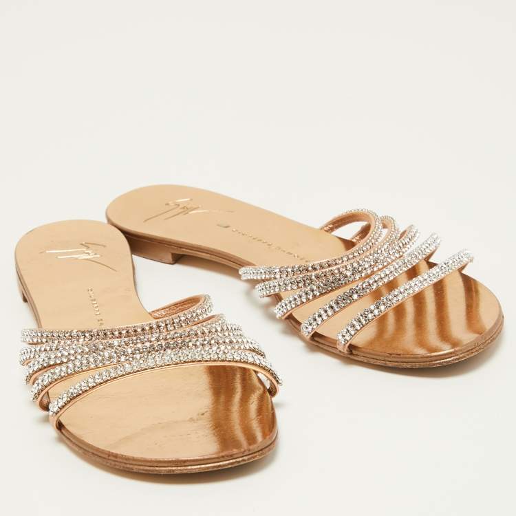 Pre Owned Giuseppe Zanotti Metallic Crystal Embellished Leather Flat Slides Size 36.5