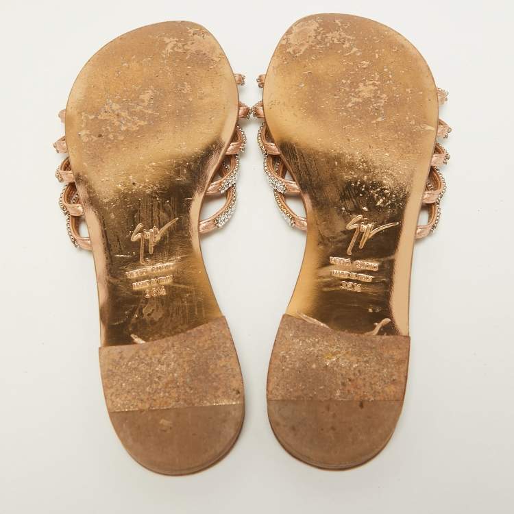 Pre Owned Giuseppe Zanotti Metallic Crystal Embellished Leather Flat Slides Size 36.5